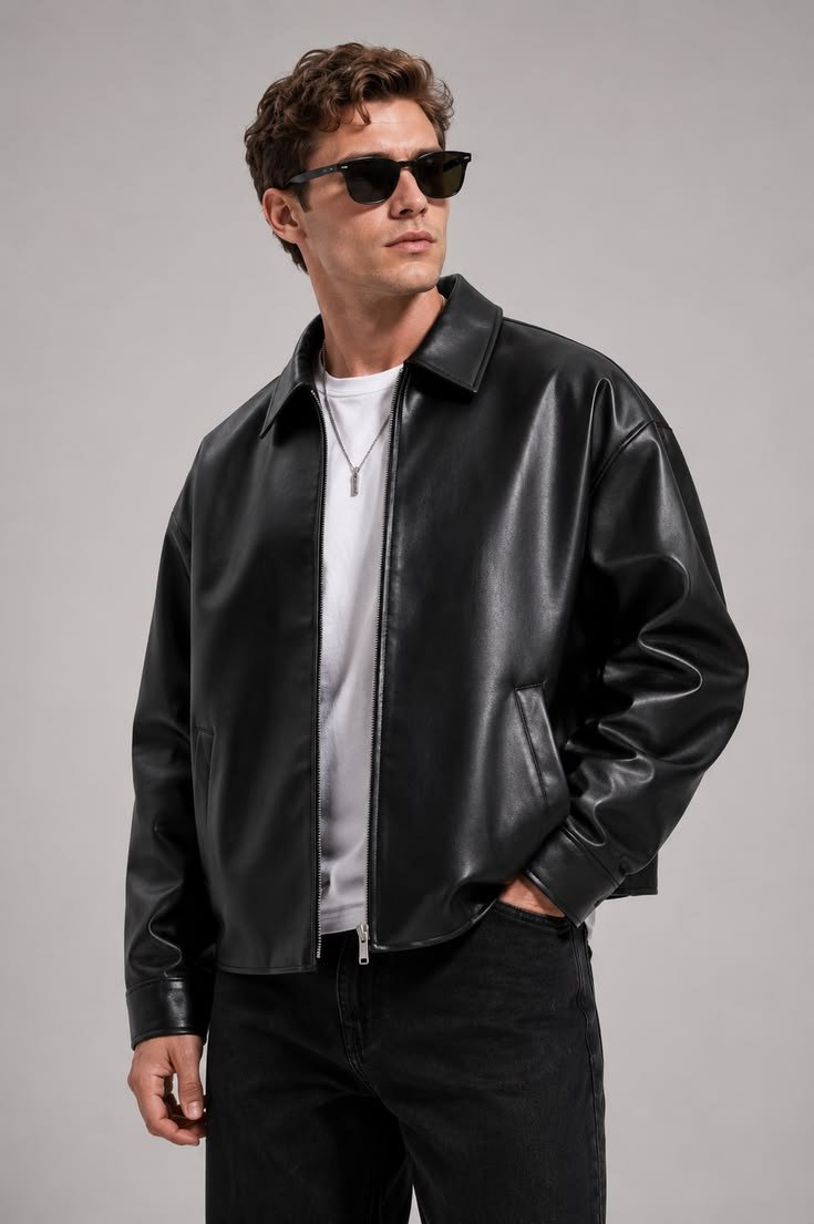 Model in black leather jacket — Jacket Collection